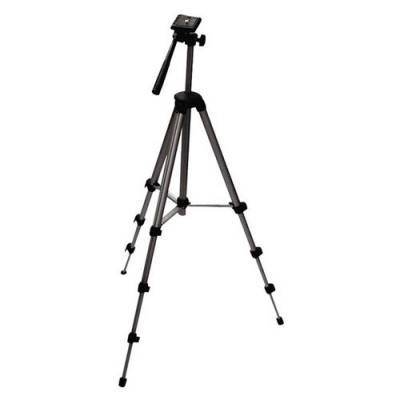Tripé metálico para câmara com pernas ajustáveis e base preta