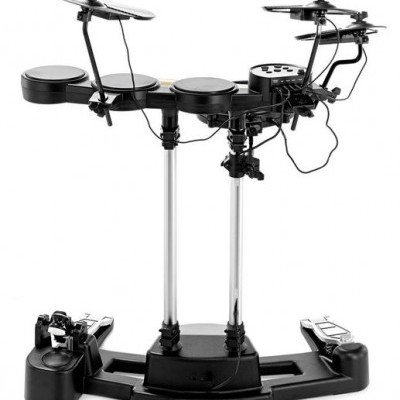 Bateria eletrónica compacta preta com tambores, pratos e pedais