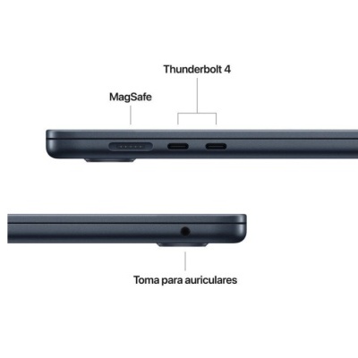Portátil azul escuro com portas MagSafe, Thunderbolt 4 e tomada para auriculares