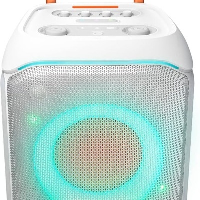 Coluna de som JBL branca com luzes LED coloridas e alça laranja