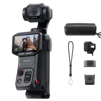 Câmara de ação Insta360 preta com ecrã e acessórios.