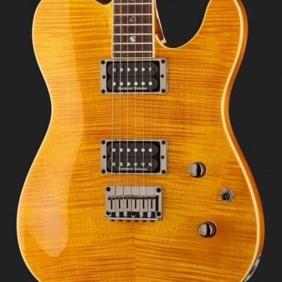 Guitarra elétrica semicorpo amarela em madeira flameada com captadores Seymour Duncan
