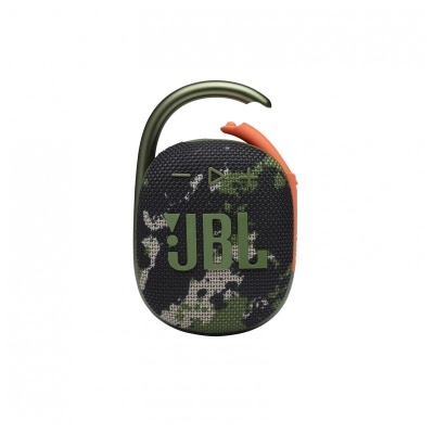 Coluna portátil JBL camuflada com gancho verde escuro e botão laranja