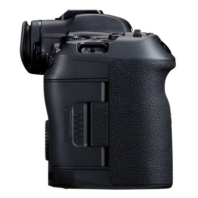 Máquina fotográfica digital preta vista de lado com botão CARD OPEN