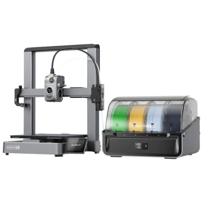Impressora 3D Creality metálica cinza com 4 carretéis coloridos e unidade de armazenamento com tampa transparente