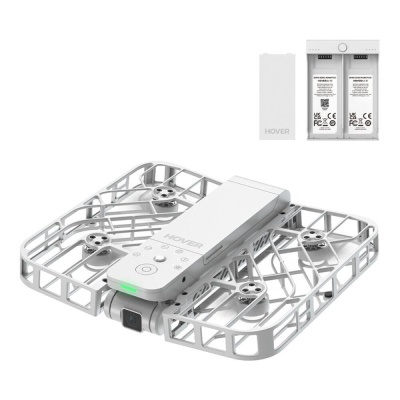 Drone branco com estrutura protetora e bateria destacável com texto explicativo