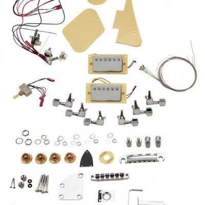 Peças de guitarra elétrica organizadas sobre fundo branco