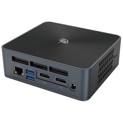 Computador mini preto com portas HDMI, USB e LAN