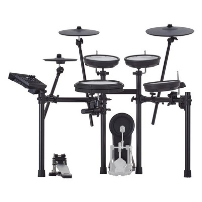 Bateria eletrónica preta com pratos, tambores e pedal
