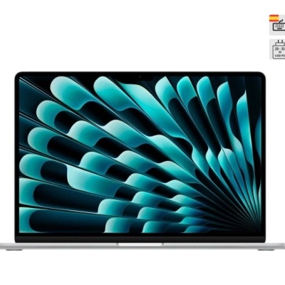 Computador portátil prateado com ecrã mostrando padrão abstrato azul e preto