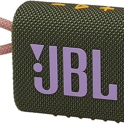 Coluna portátil JBL verde escuro com logótipo roxo e alça rosa