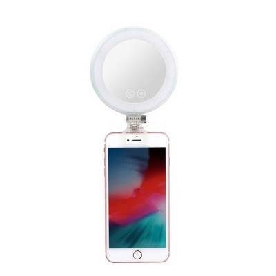 Espelho LED redondo com clip preso a smartphone branco com moldura rosa