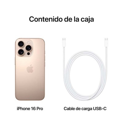iPhone 16 Pro dourado e cabo de carga USB-C branco com texto em espanhol