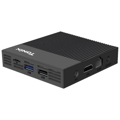 Mini PC preto Tonix compacto com várias portas de conexão
