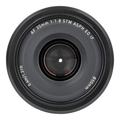 Lente de câmara 35mm preta vista de frente com texto em branco