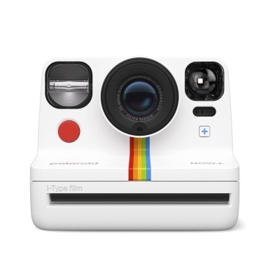 Máquina fotográfica instantânea Polaroid NOW+ branca com riscas coloridas