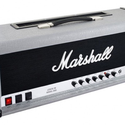 Cabeça de amplificador de guitarra Marshall cinza e preto com botões e texto branco