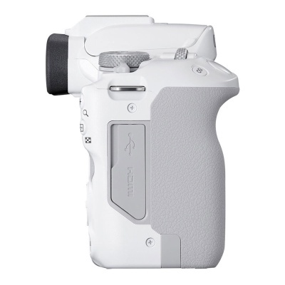 Câmara digital branca com textura cinzenta e tampa USB e HDMI