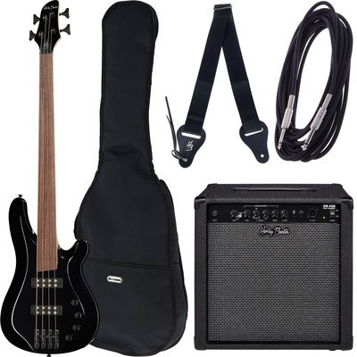 Conjunto de baixo elétrico preto com amplificador e acessórios