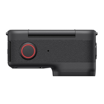 Lado de uma câmera de ação preta com botão vermelho