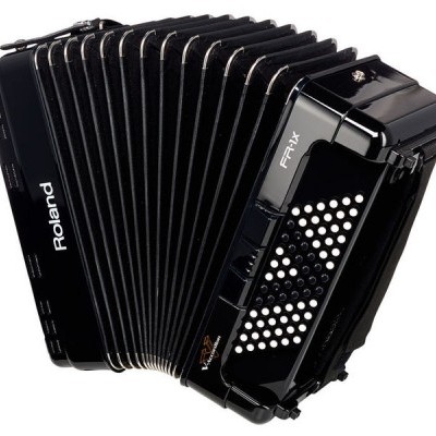 Acordeão preto com botões brancos e fole preto