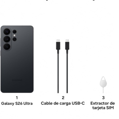 Smartphone Galaxy S26 Ultra preto, cabo USB-C preto e extractor de cartão SIM branco