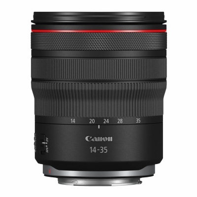 Objetiva fotográfica Canon 14-35 preta com anel vermelho