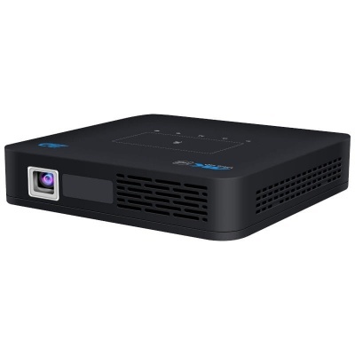 Projetor portátil preto com lentes e grelha para ventilação