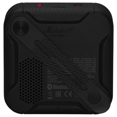 Coluna portátil preta Marshall com detalhes e inscrições visíveis