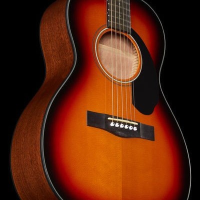 Guitarra acústica com tampo em gradiente vermelho-laranja e corpo castanho