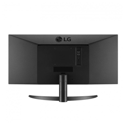 Monitor LG preto visto de trás com base curva e logótipo visível