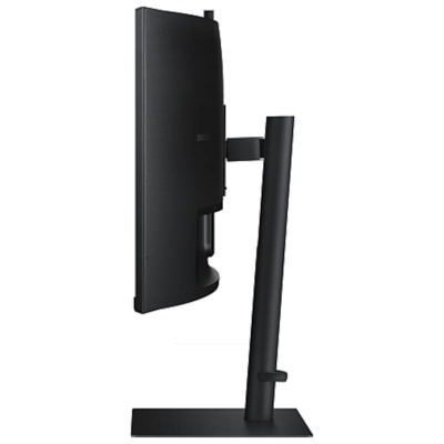 Monitor preto visto de lado com suporte ajustável e base preta