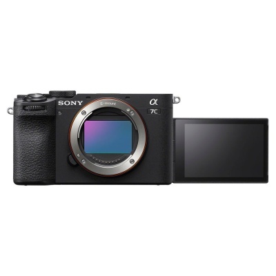 Câmara digital Sony α7C preto com ecrã LCD articulado aberto