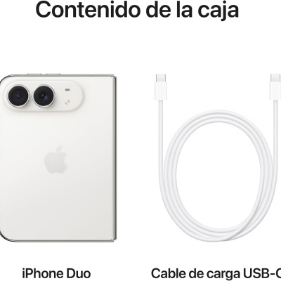 Parte traseira do iPhone Duo branco com duas câmaras e cabo de carga USB-C branco