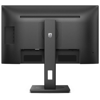 Monitor preto visto de trás com base retangular e logótipo Philips no suporte