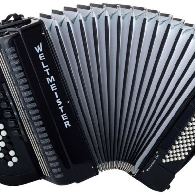 Acordeão preto WELTMEISTER com botões brancos e fole cinza