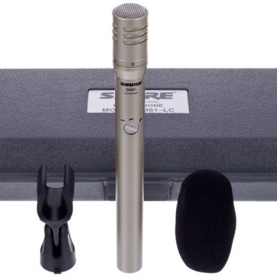 Microfone condensador Shure SM81-LC com acessórios e estojo cinza