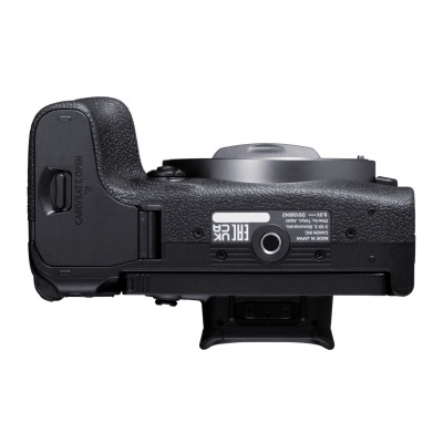 Corpo de câmara fotográfica preto com etiqueta e textura