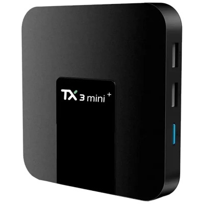 Dispositivo TX 3 mini+ preto com duas portas USB e entrada azul
