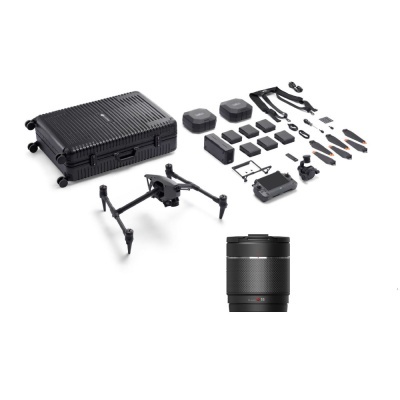 Conjunto de drone e acessórios com mala rígida preta e lente fotográfica