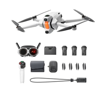 Conjunto completo de drone branco com acessórios, incluindo controles, baterias e bolsa