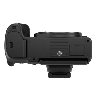 Fundo da câmara fotográfica digital preta com tampas e suporte para tripé