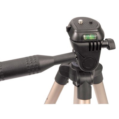 Tripé com haste e adaptador para câmara preto e prateado com nível de bolha