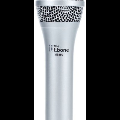 Microfone dinâmico prateado com grelha metálica e texto 'the t.bone MB88U'.