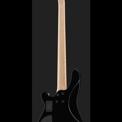 Guitarra elétrica preta com braço de madeira clara vista de trás