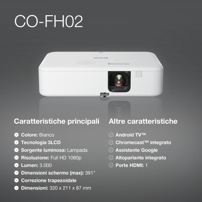 Projetor Epson branco modelo CO-FH02 com lente frontal e texto técnico em italiano