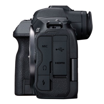 Câmara digital EOS preta vista de lado com entradas MIC, USB, HDMI, auscultadores e flash