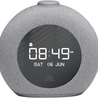 Relógio despertador digital redondo cinzento com visor circular preto e texto digital