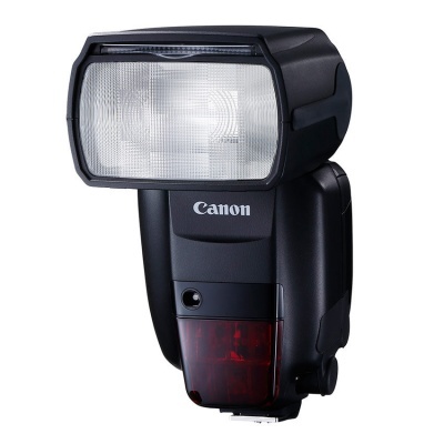 Flash externo preto para câmara Canon com difusor branco e painel vermelho