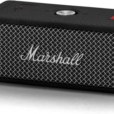 Coluna portátil Marshall preta com grelha metálica prateada e logótipo